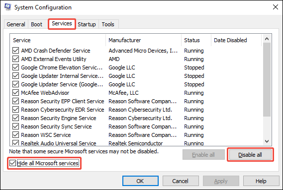 System Configuration window with Hide all Microsoft services and the Disable all options selected under the Services tab.