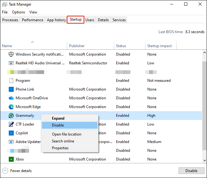 Windows Task Manager window with an option highlighted and the Disable option selected under the Startup tab.