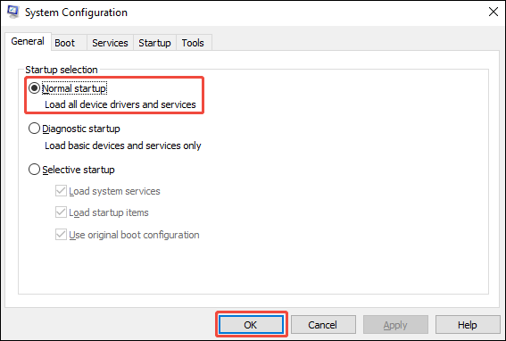Windows System Configuration window with the Normal startup option selected.