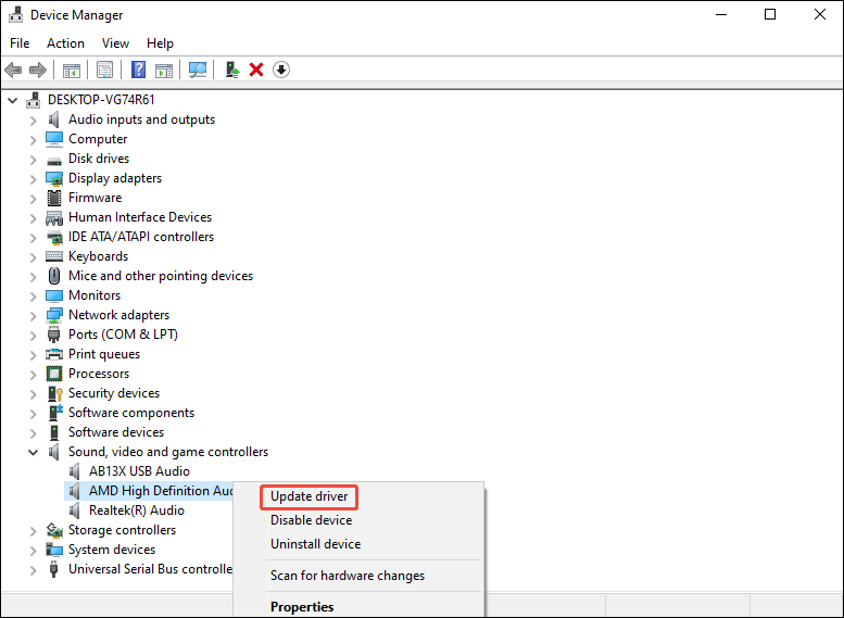 Windows Device Manager window with an audio driver highlighted and the Update driver option selected.