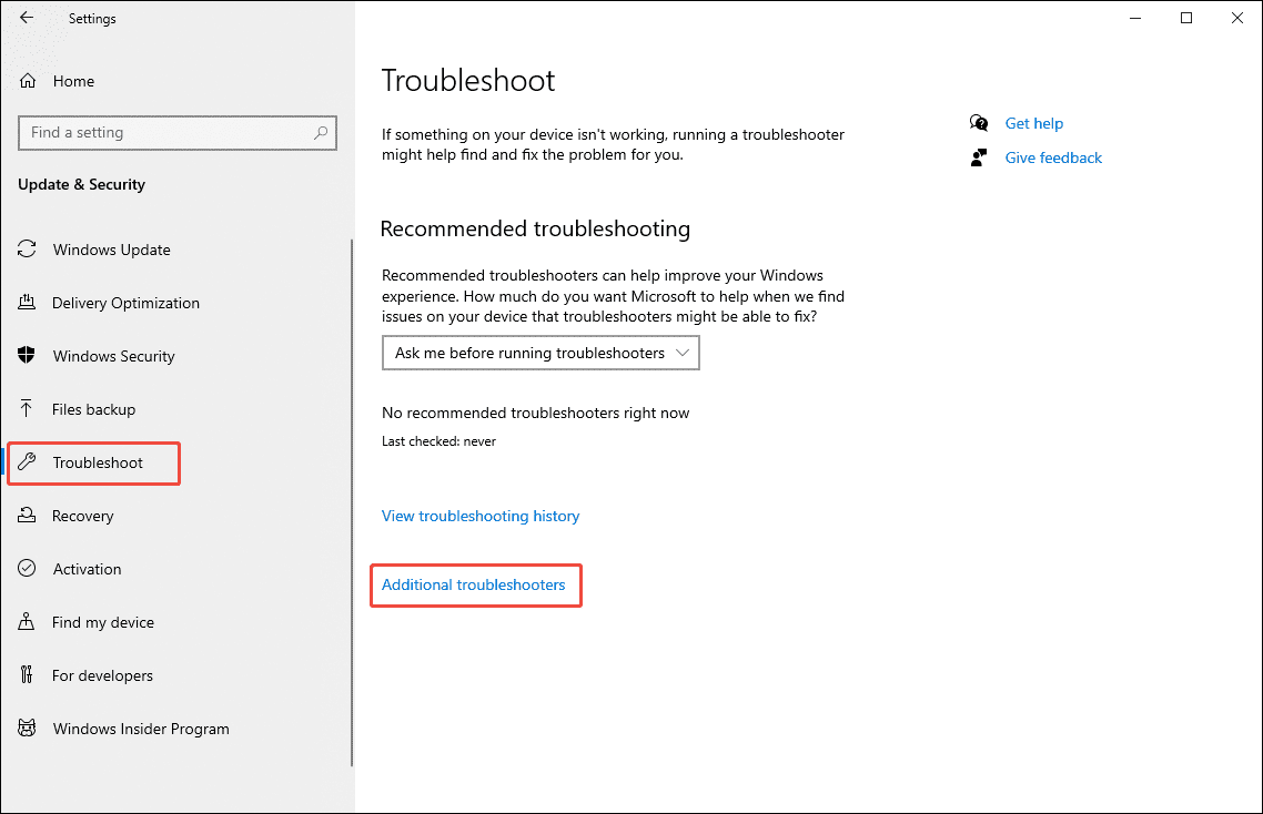 Windows Settings window with the Additional troubleshooters option selected under the Troubleshoot tab.
