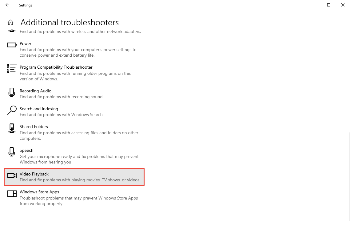 Window Settings Additional troubleshooters window with the Video Playback option selected.