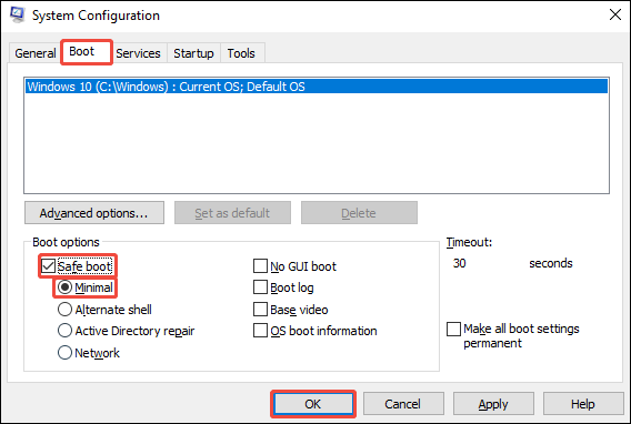 Windows System Configuration window with the Safe boot and Minimal options checked under the Boot tab.