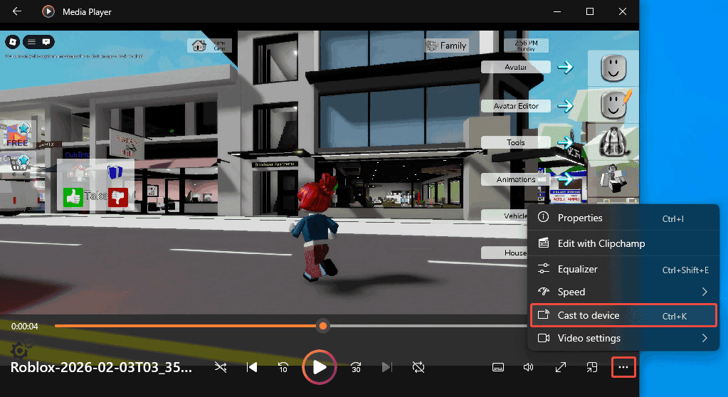 Windows Media Player video playback interface with the more icon and the Cast to device option selected.