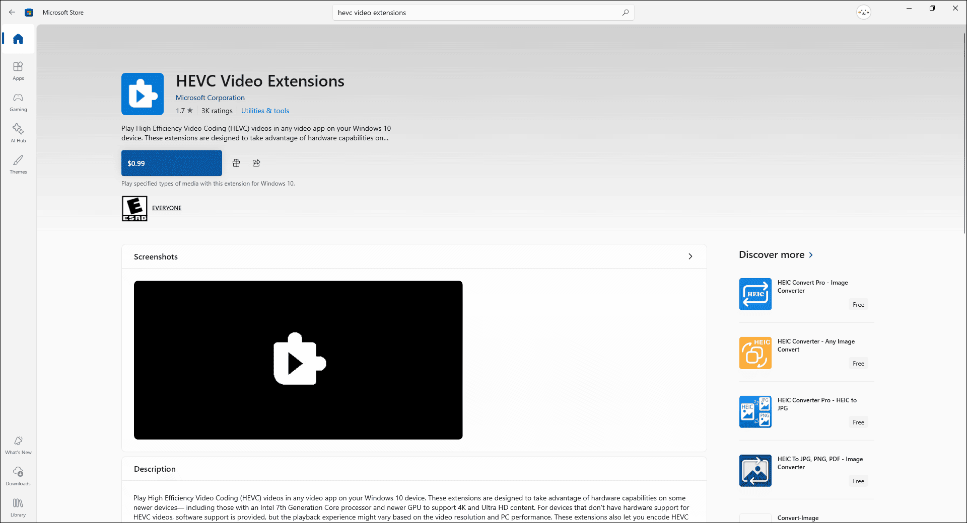 Microsoft Store page for HEVC Video Extensions.