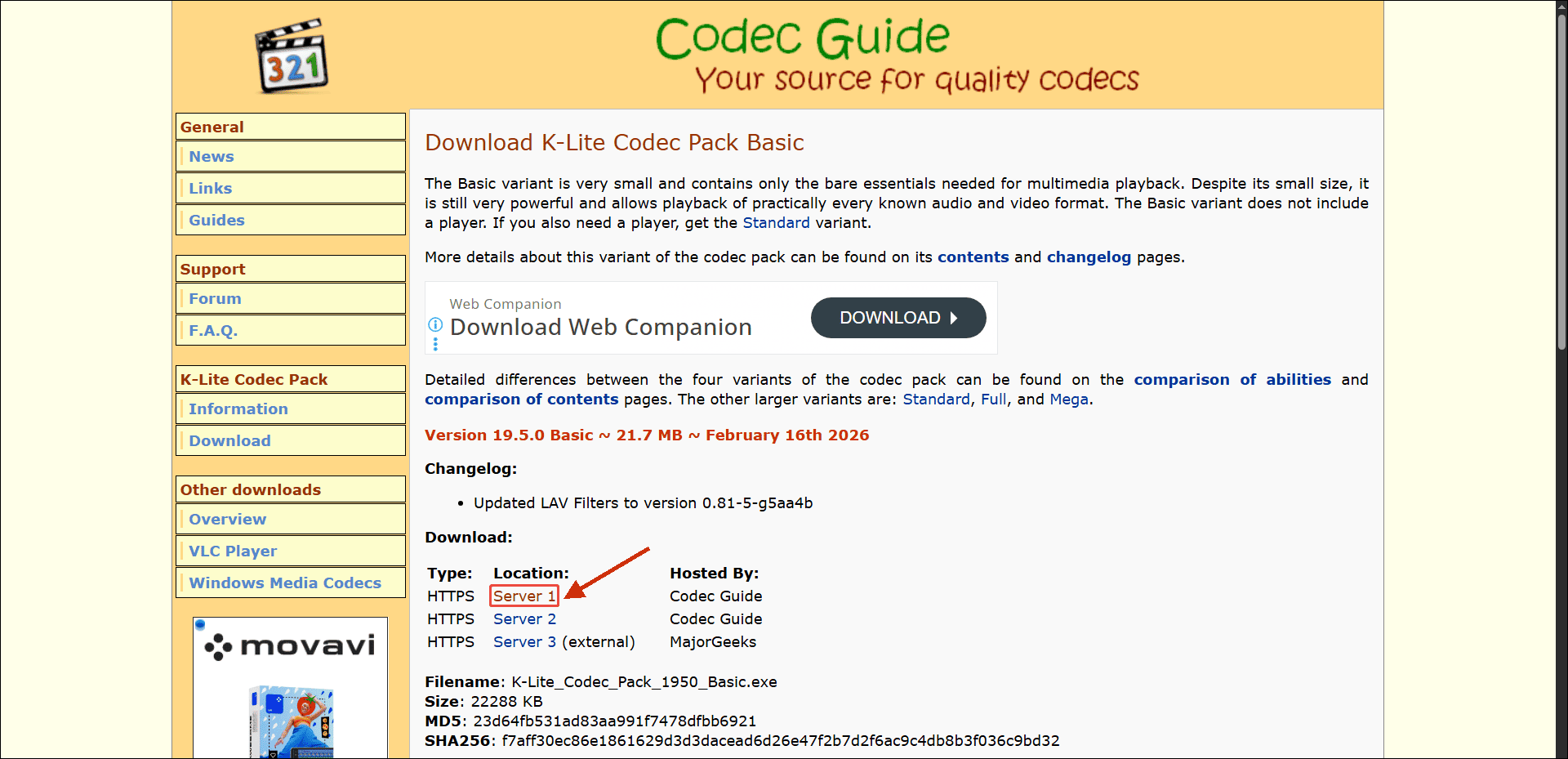Codec Guide K Lite Codec Pack Basic download page with the Server 1 option selected.