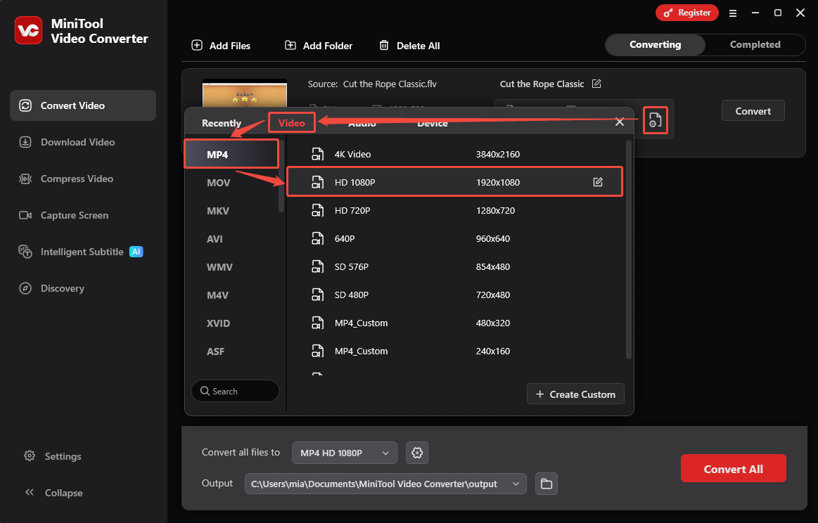 MiniTool Video Converter interface showing how to choose the output format.