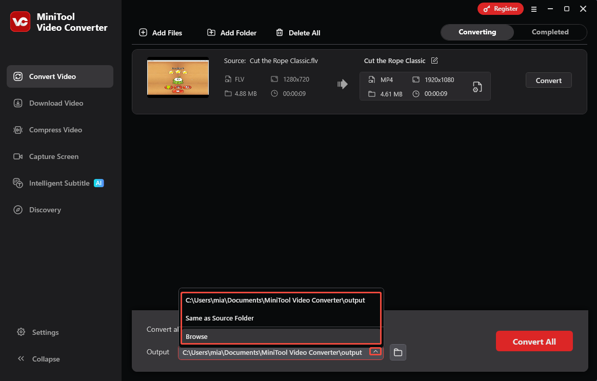 MiniTool Video Converter interface with the Output list expanded.