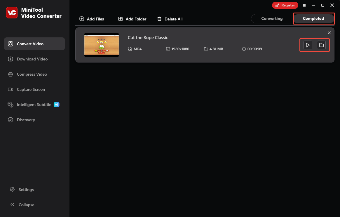 MiniTool Video Converter Convert Video interface with the play icon and the folder icon selected under the Completed tab.