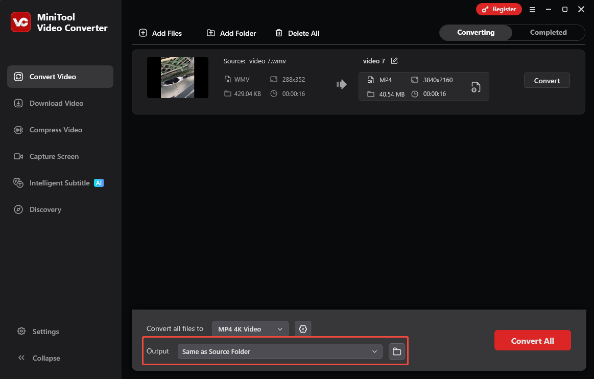 MiniTool Video Converter interface with the Output option selected.