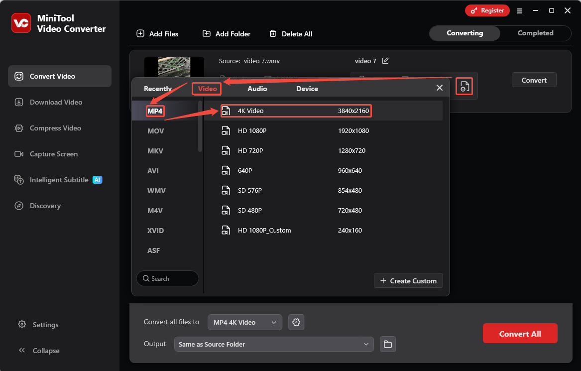 MiniTool Video Converter output format settings window showing how to set MP4 as the converted video format.