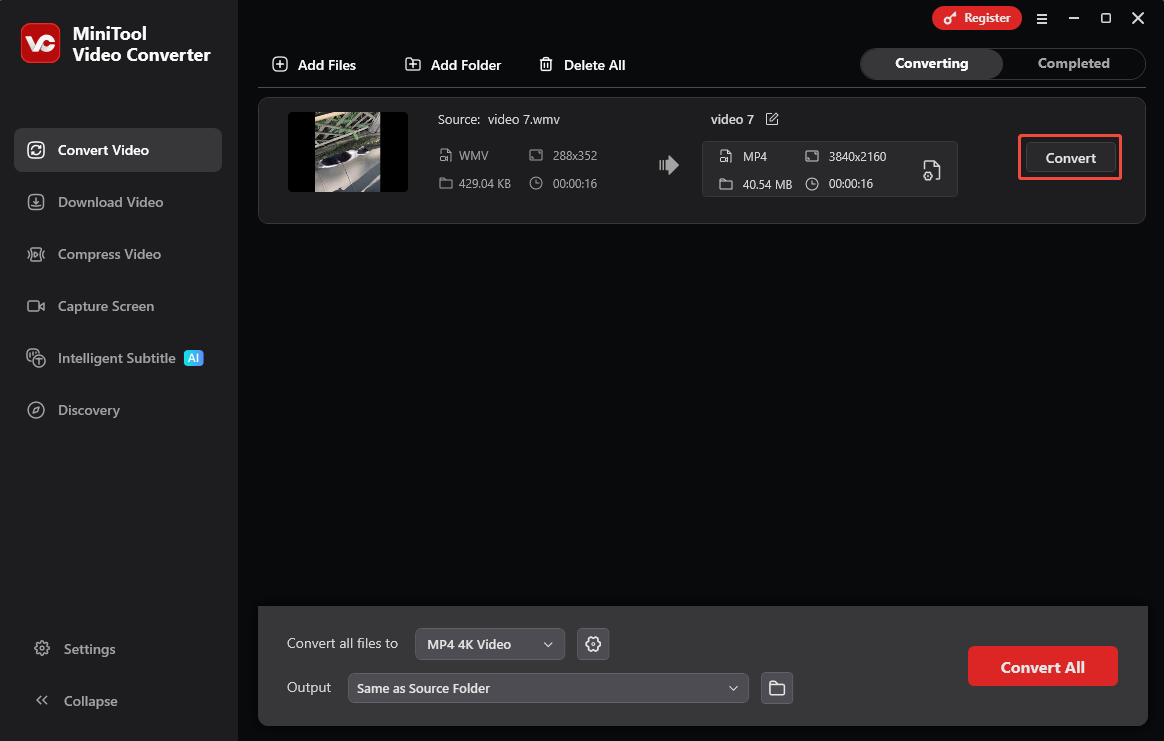 MiniTool Video Converter interface with the Convert button selected.