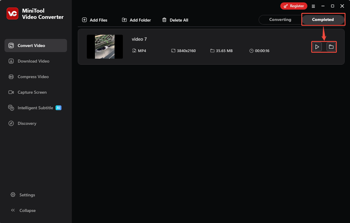 MiniTool Video Converter Completed tab with the Play icon and the Folder icon selected.