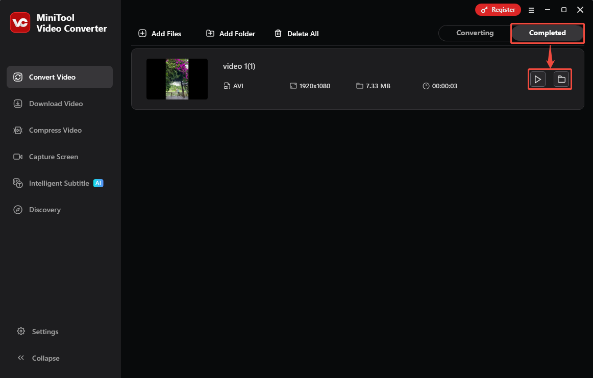 MiniTool Video Converter Completed tab with the Play icon and the Folder icon selected.