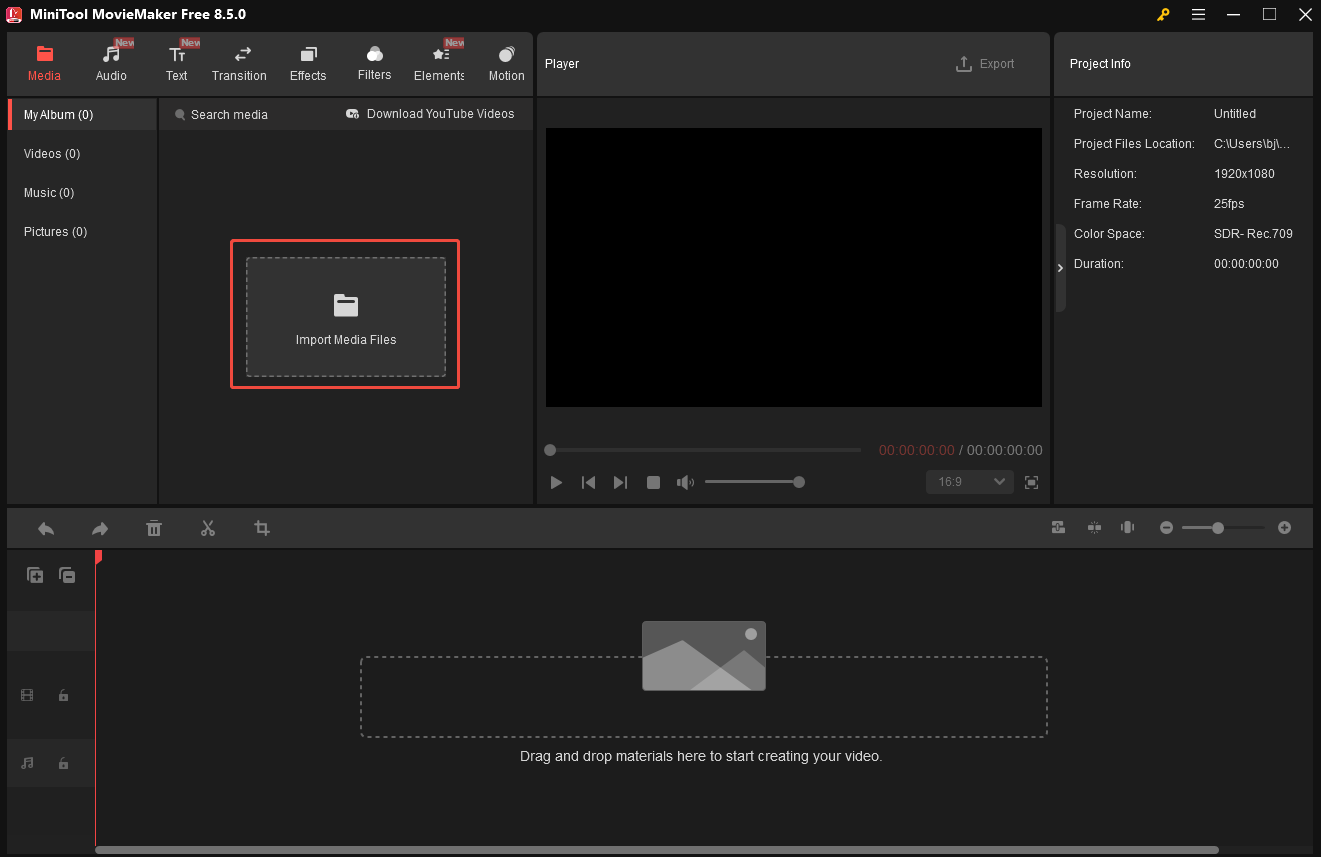 MiniTool MovieMaker interface with the Import Media Files option selected.