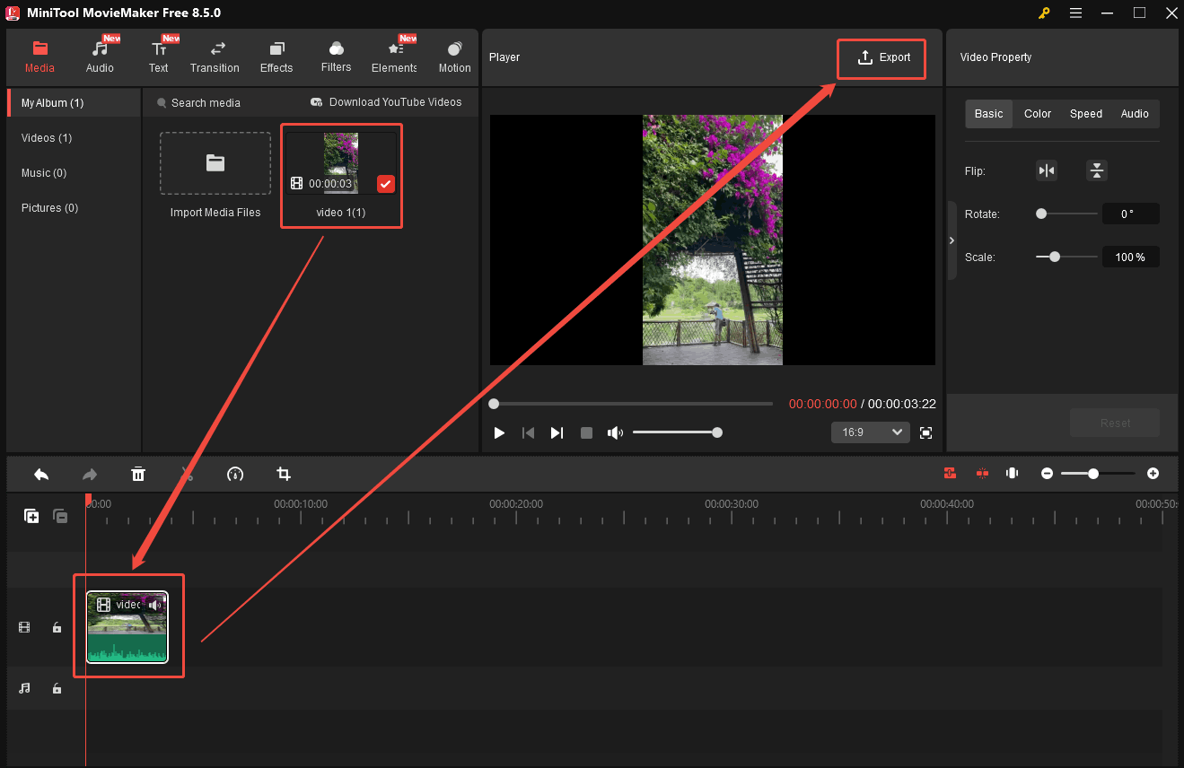 MiniTool MovieMaker interface showing how to add the imported video onto the timeline and how to go to the export window.