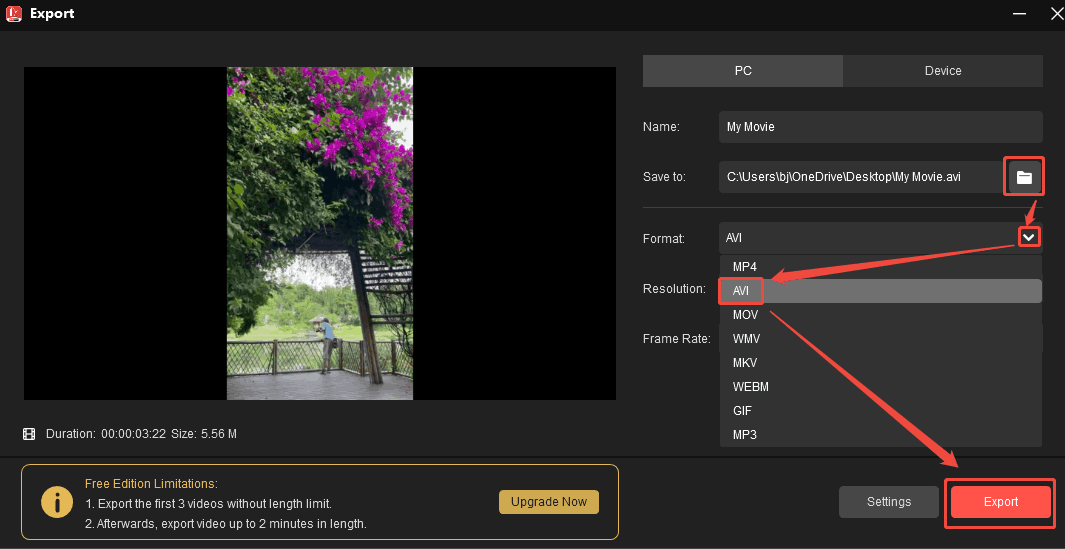 MiniTool MovieMaker Export window showing how to choose the storage location and set AVI as the exported format.
