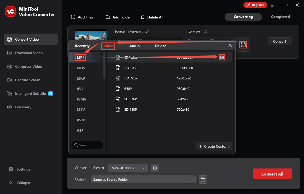 MiniTool Video Converter format options window showing how to open the Settings window in the Convert Video tab.
