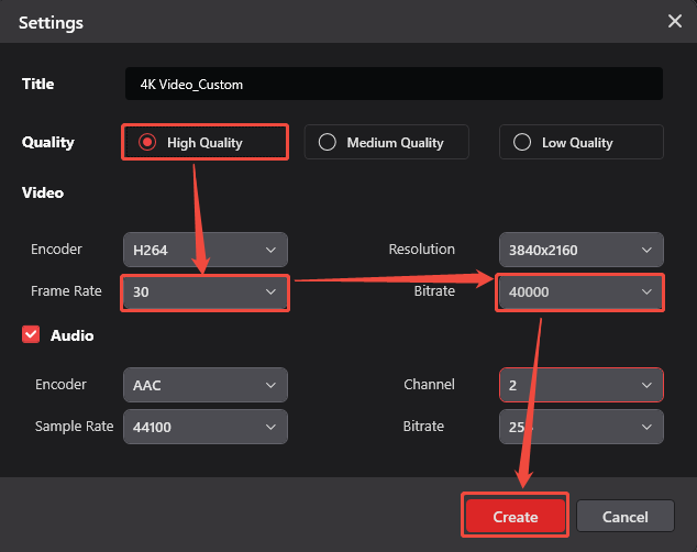 MiniTool Video Converter Settings window showing how to change video quality, frame rate, and bitrate in the Convert Video tab.