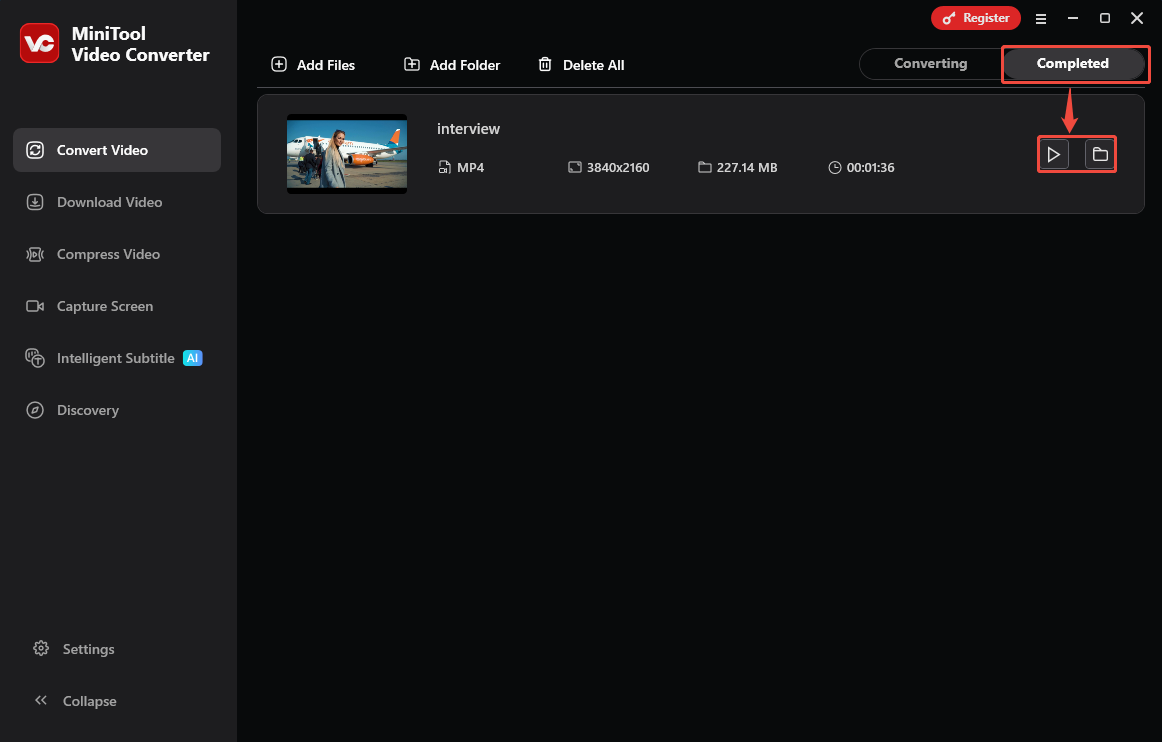 MiniTool Video Converter Completed tab with the Play icon and the Folder icon selected in the Convert Video tab.
