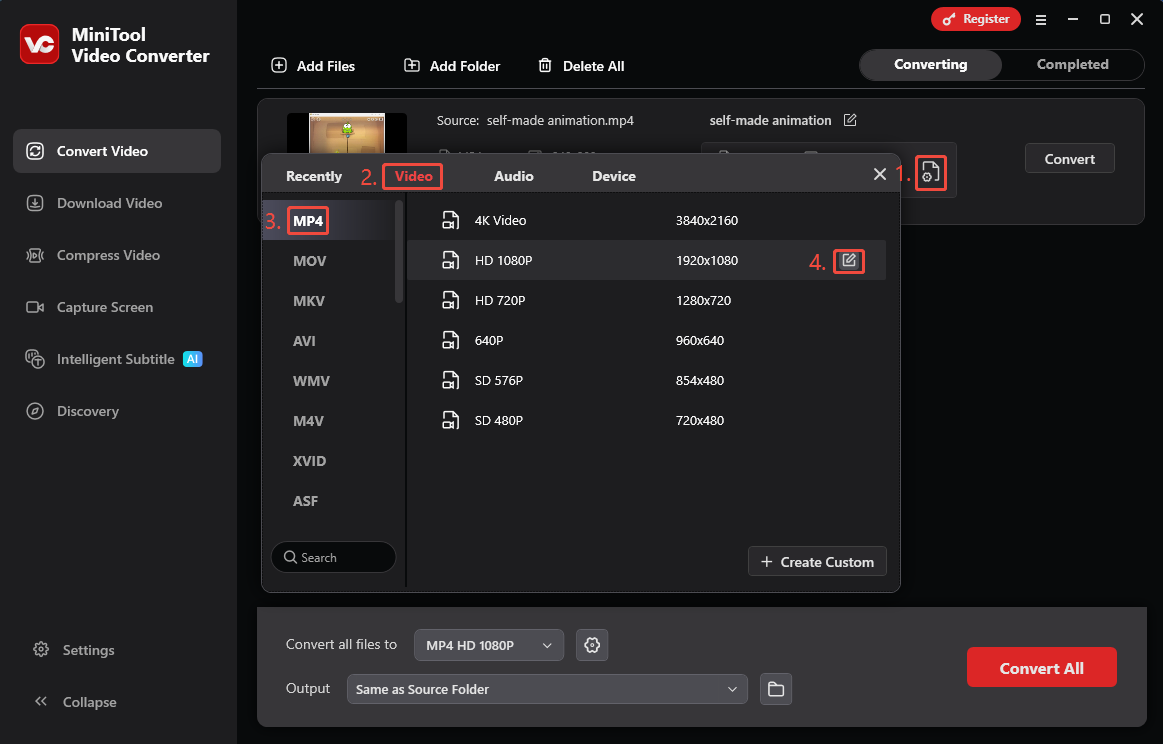 MiniTool Video Converter format options window showing how to open the Settings window in the Convert Video tab.