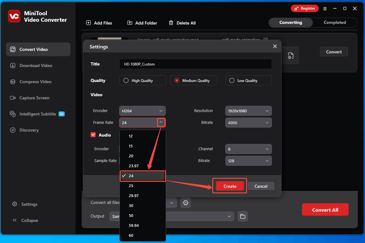 MiniTool Video Converter Settings window showing how to change the frame rate for animation in the Convert Video tab.