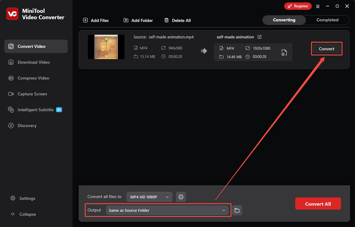MiniTool Video Converter interface with the Output option and the Convert button selected in the Convert Video tab.