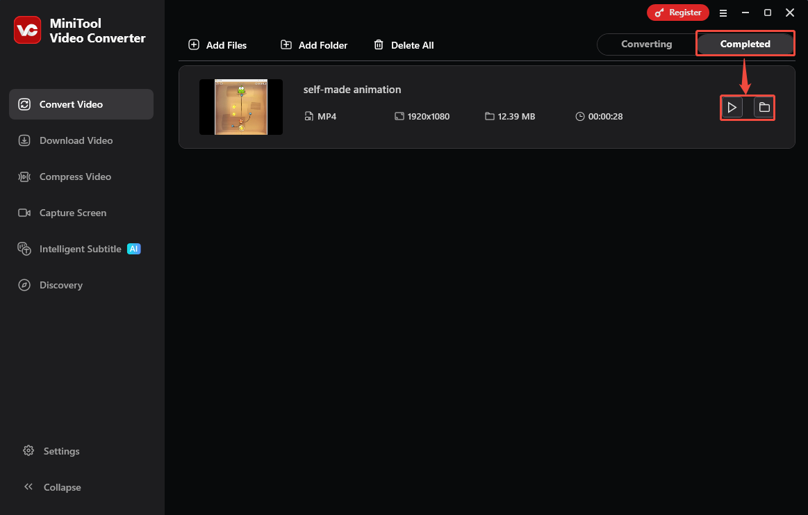 MiniTool Video Converter Completed tab with the Play icon and the Folder icon selected in the Convert Video tab.