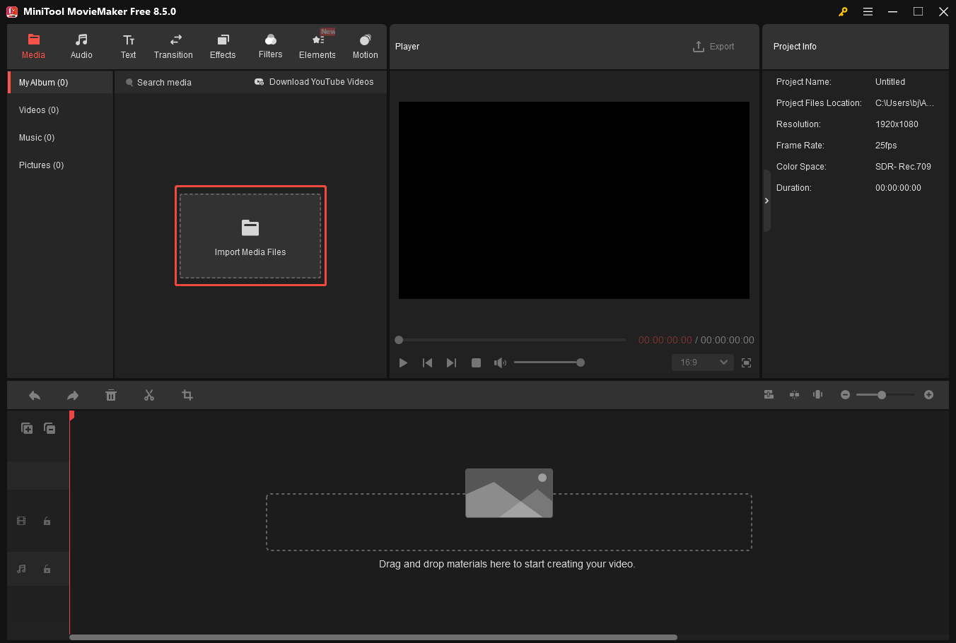 MiniTool MovieMaker interface with the Import Media Files option selected.