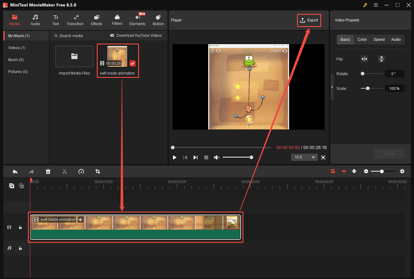 MiniTool MovieMaker interface showing how to add the imported video onto the timeline and open the Export window.