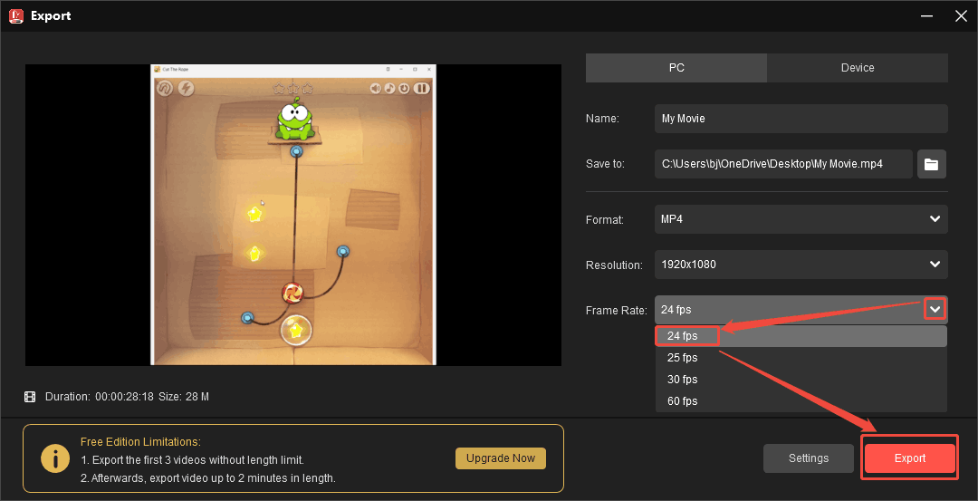 MiniTool MovieMaker Export window showing how to change frame rate and start export.