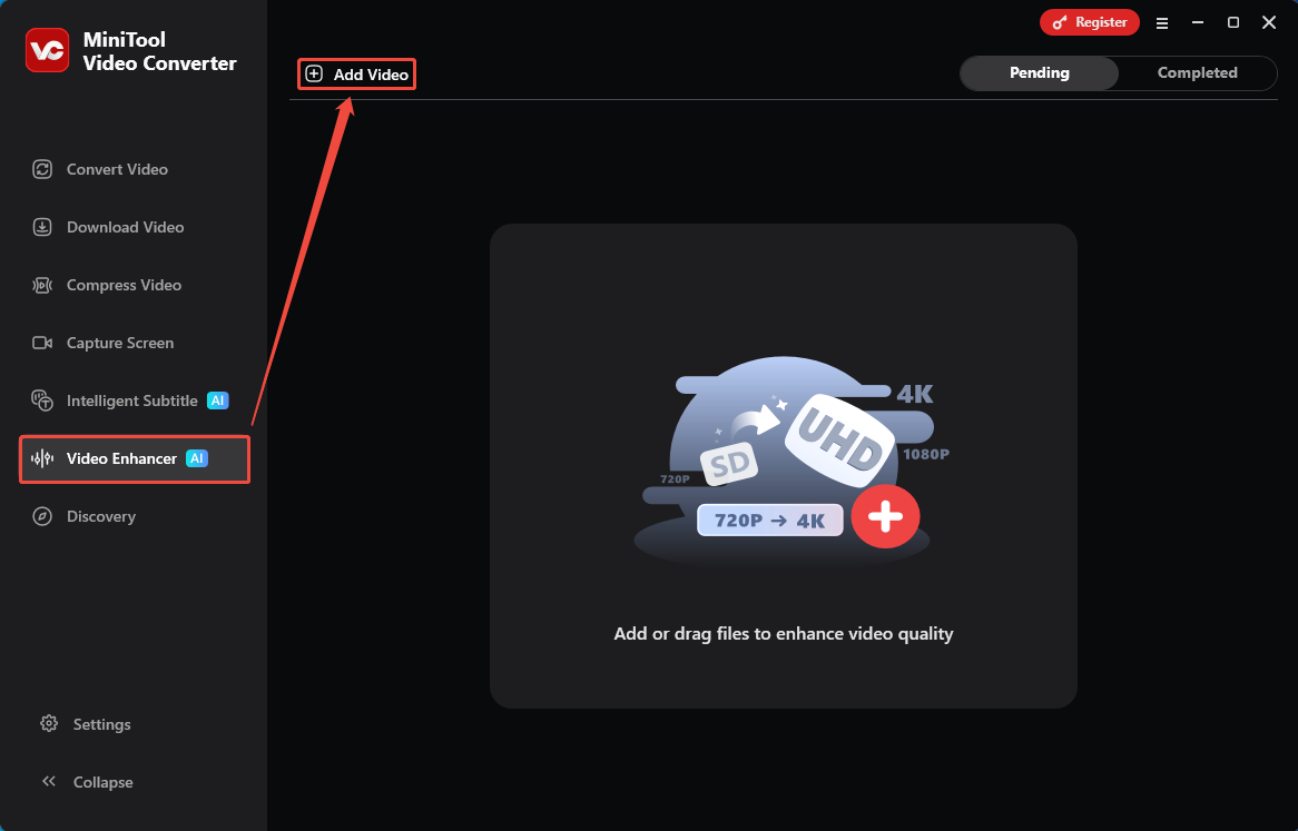 MiniTool Video Converter interface with the Video Enhancer tab and the Add Video option selected.