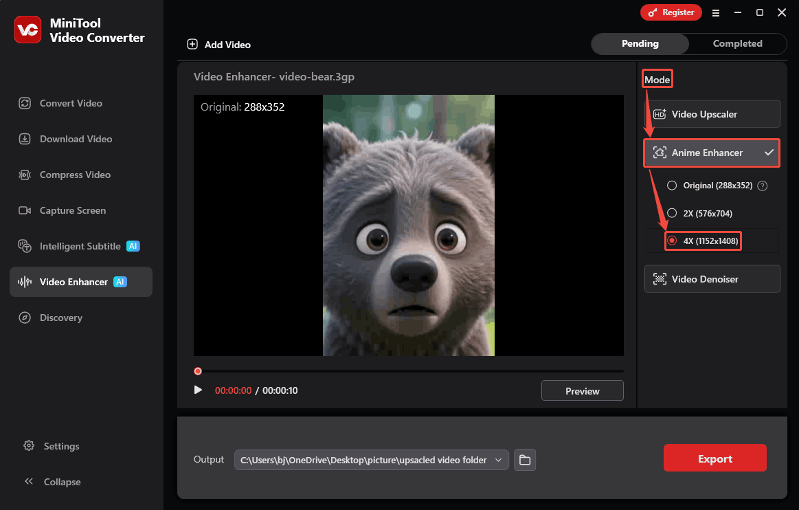 MiniTool Video Converter Mode section showing how to select a desired enhancement option in the Video Enhancer tab.