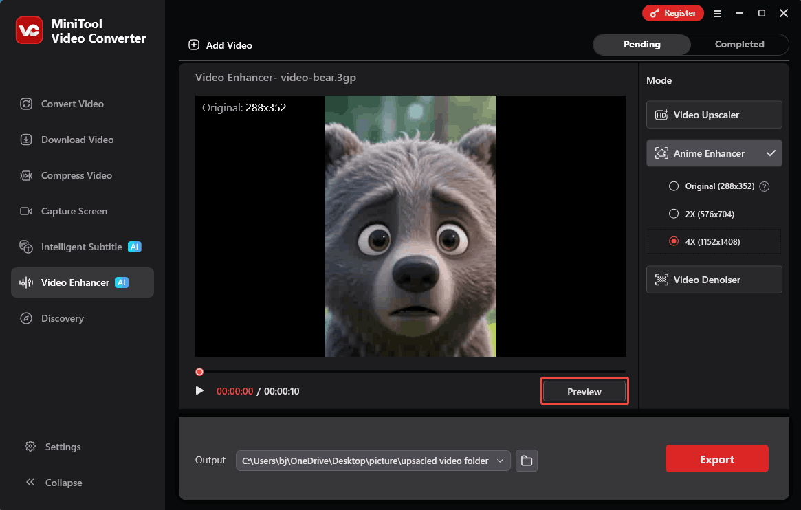 MiniTool Video Converter interface with the Preview button selected in the Video Enhancer tab.