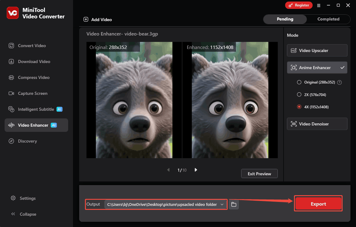 MiniTool Video Converter interface with the Output option and the Export button selected in the Video Enhancer tab.