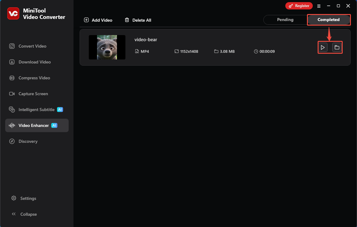 MiniTool Video Converter Complete tab with the Play icon and the Folder icon selected in the Video Enhancer tab.