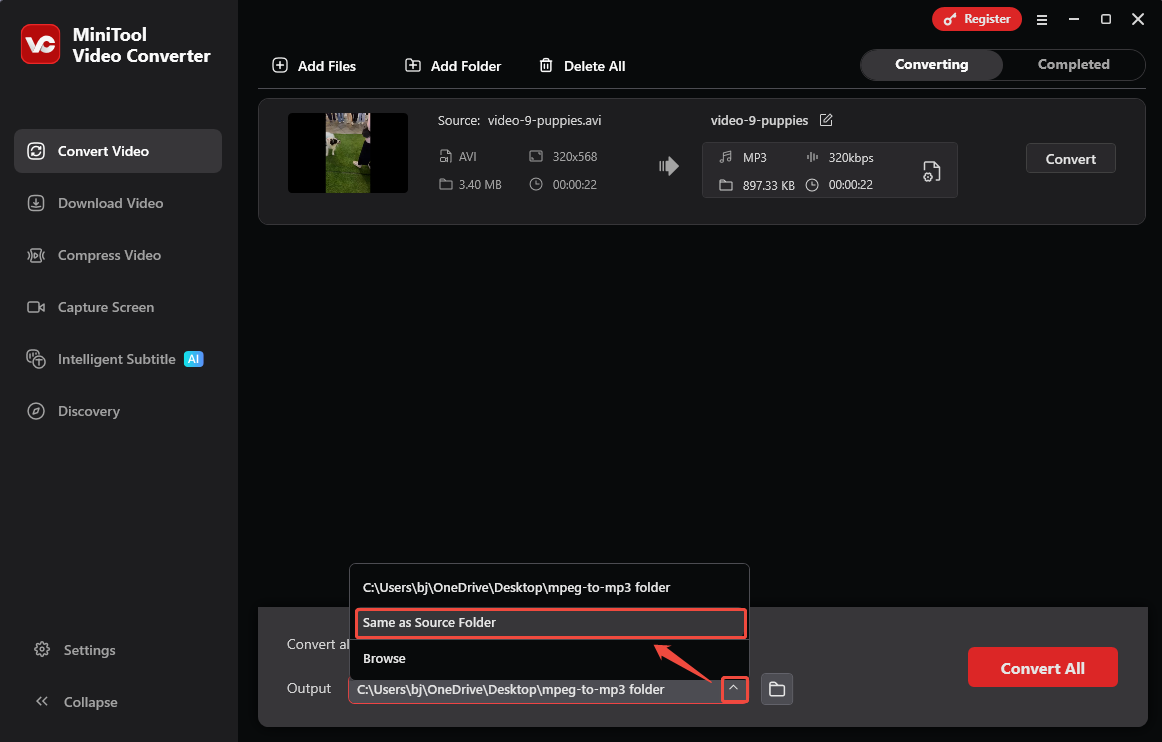 MiniTool Video Converter with the Output option expanded and the Same as Source Folder option selected in the Convert Video tab.