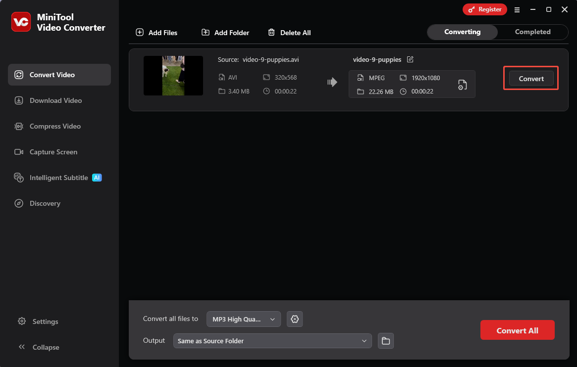 MiniTool Video Converter interface with the Convert button selected in the Convert Video tab.