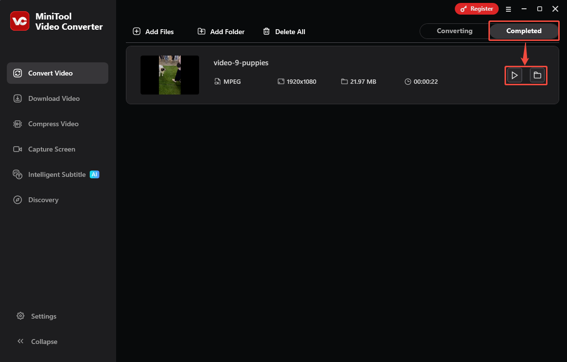 MiniTool Video Converter Completed tab with the Play icon and the Folder icon selected in the Convert Video tab.