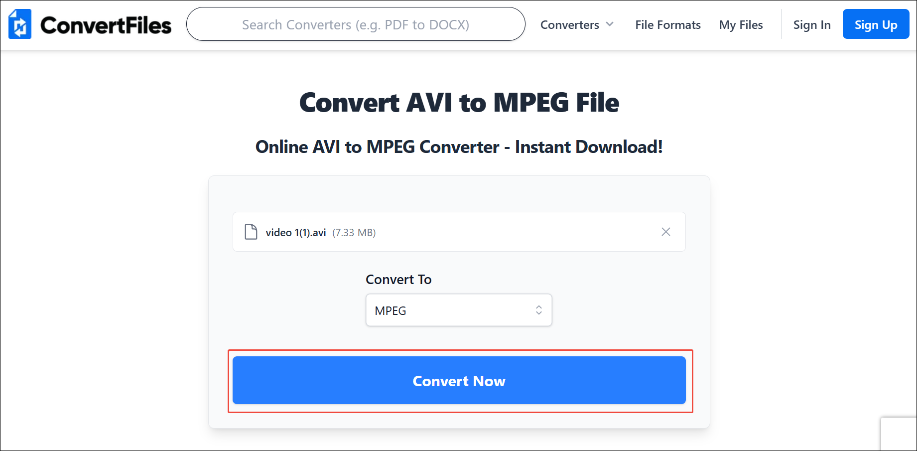 ConvertFiles interface with the Convert Now button selected.