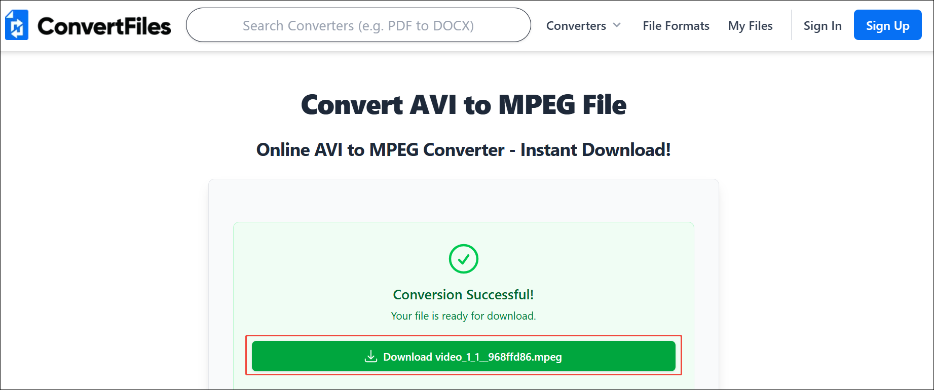 ConvertFiles download page with the Download button selected.