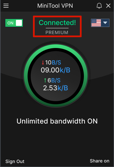 MiniTool VPN interface showing a successful connection with green Connected status.