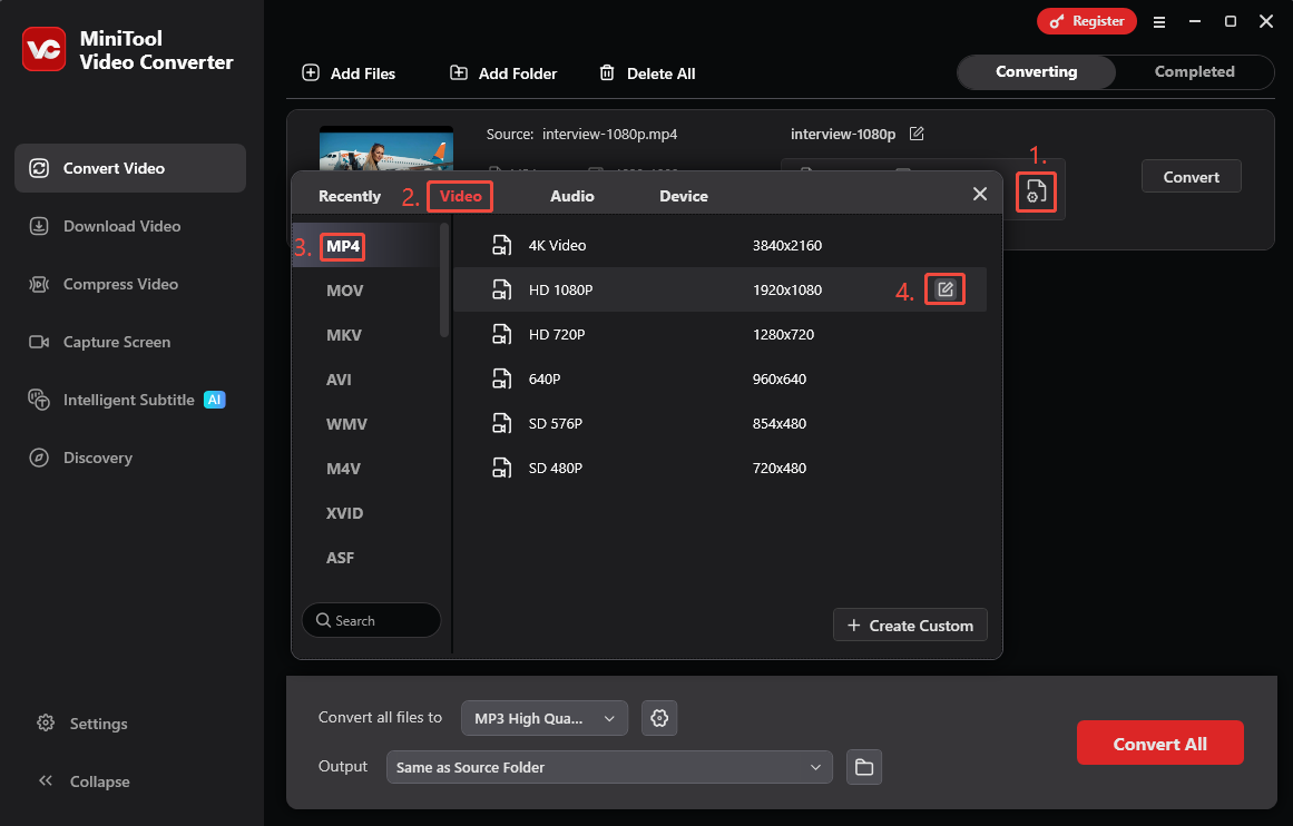 MiniTool Video Converter output format window showing how to open the Settings window in the Convert Video tab.