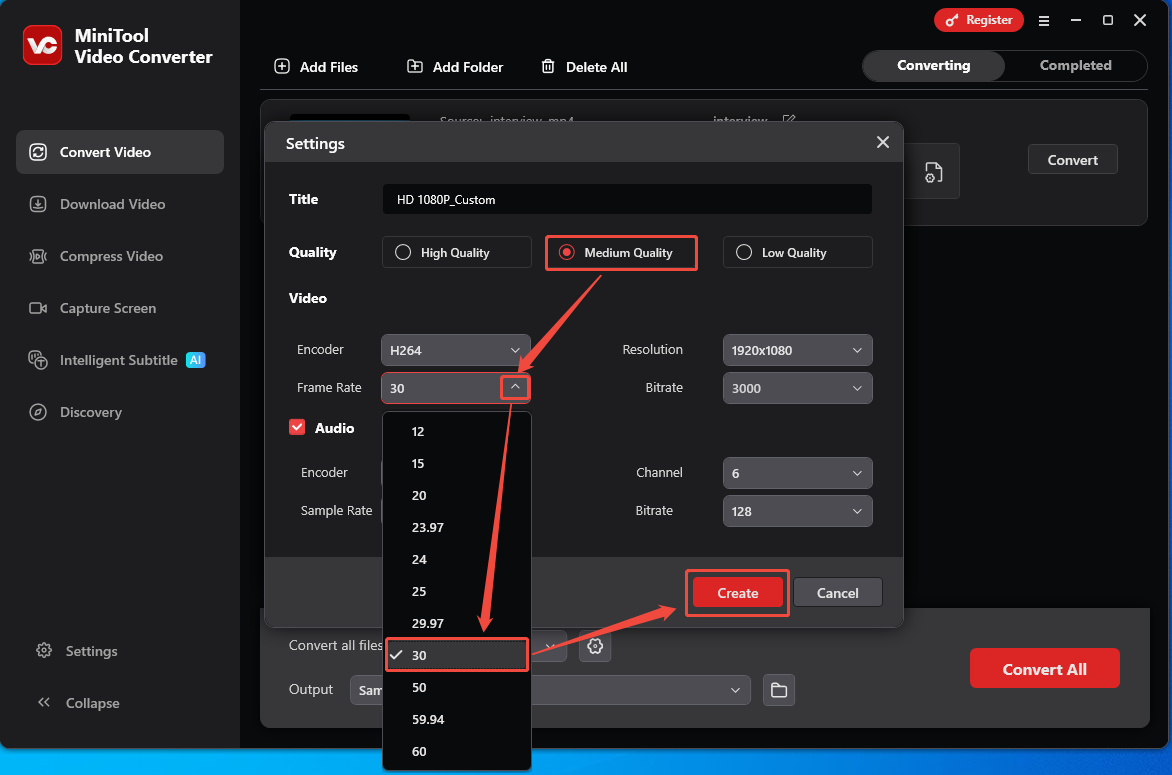 MiniTool Video Converter Settings window showing how to adjust frame rate in the Convert Video tab.