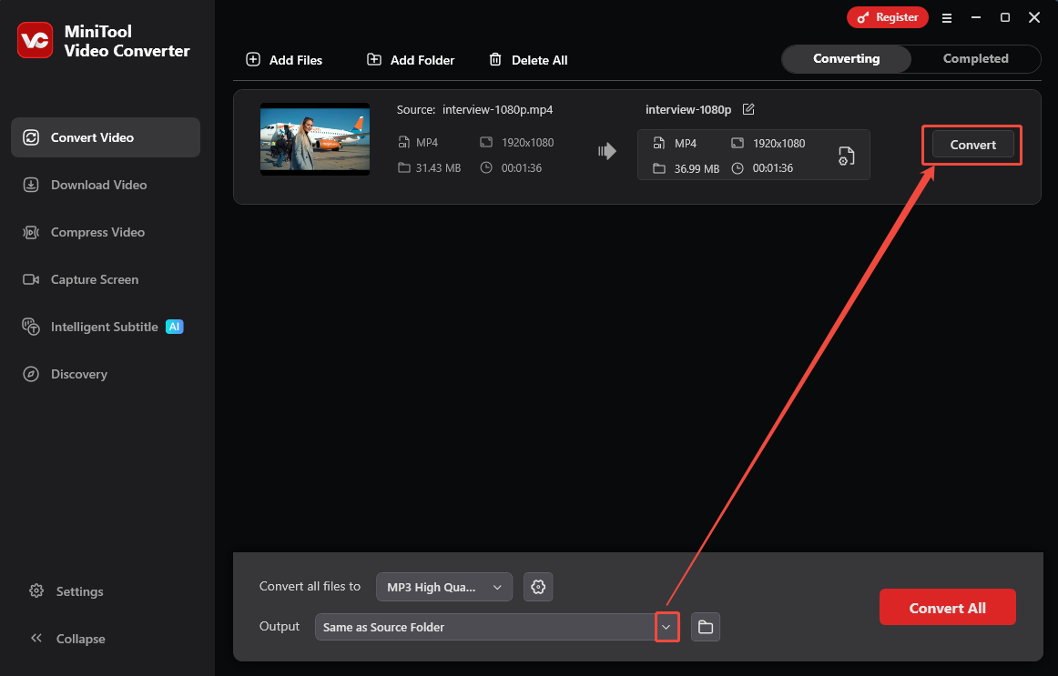 MiniTool Video Converter interface with the Output option and the Convert button selected in the Convert Video tab.