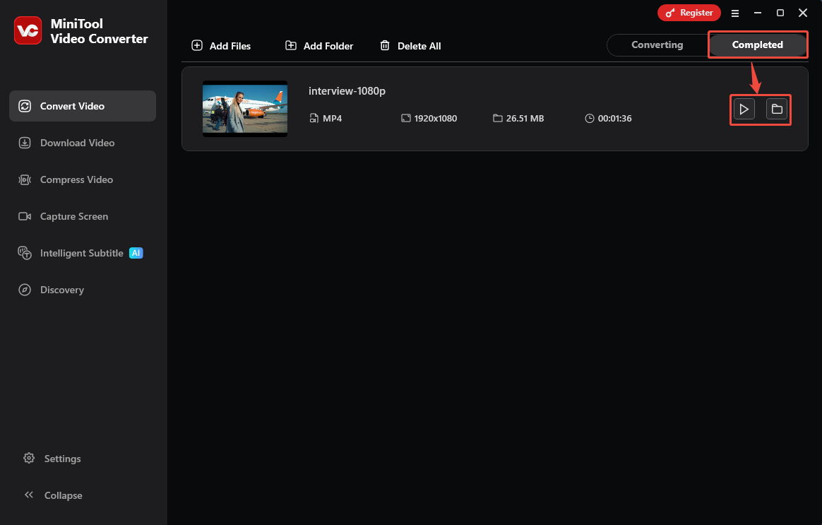 MiniTool Video Converter Completed tab with the Play icon and the Folder icon selected in the Convert Video tab.