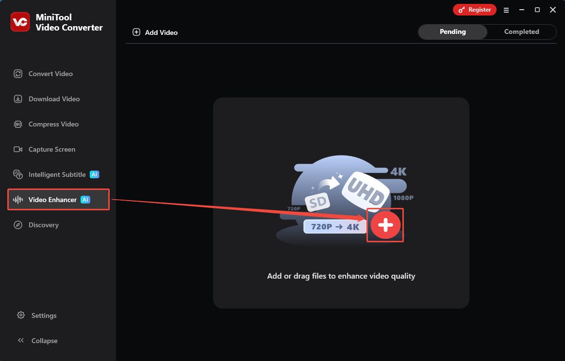 MiniTool Video Converter interface with the Video Enhancer tab and the Plus icon selected.