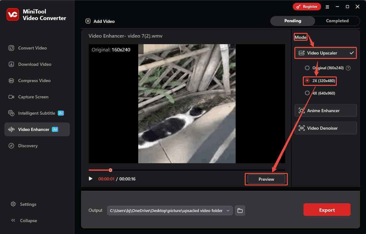 MiniTool Video Converter Mode section showing how to select a proper upscaling parameter in the Video Enhancer tab.