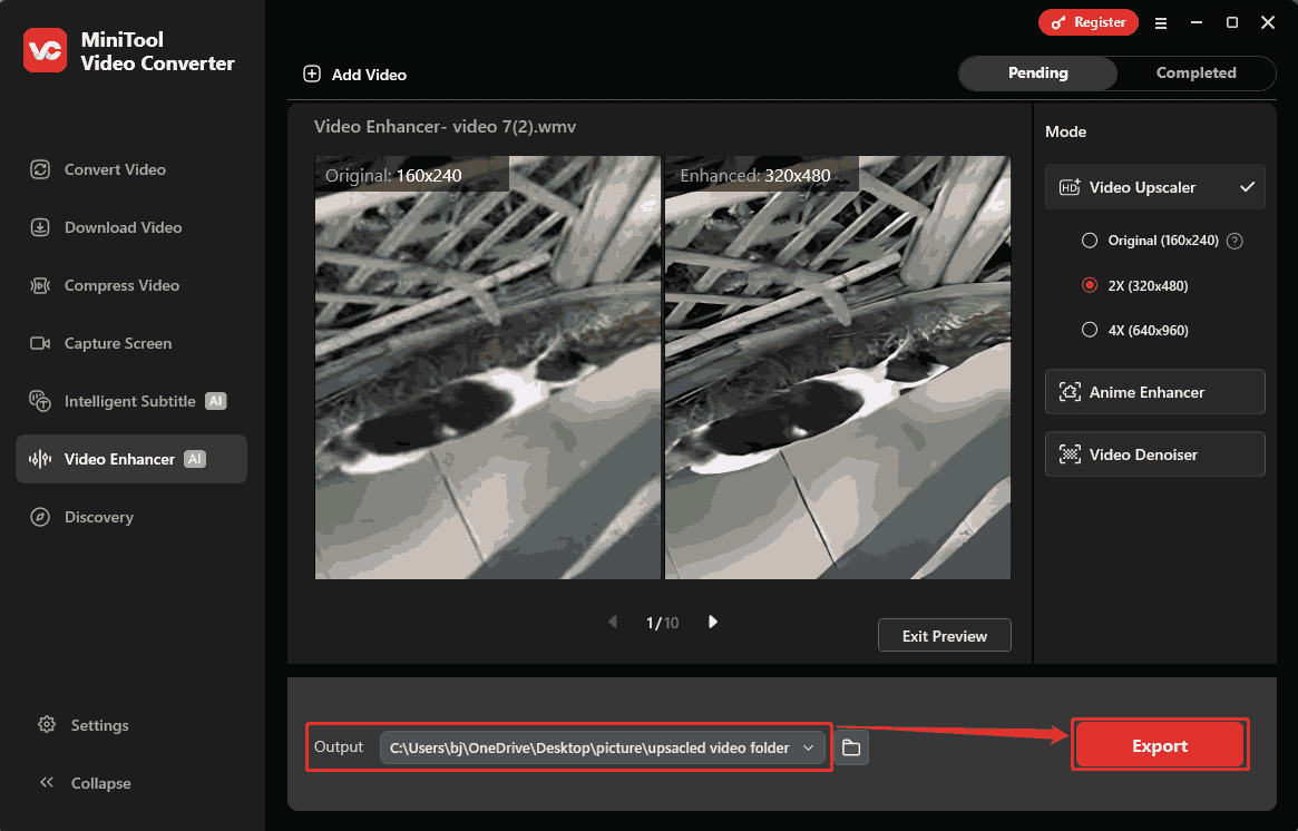 MiniTool Video Converter interface with the Output option and the Export button selected in the Video Enhancer tab.