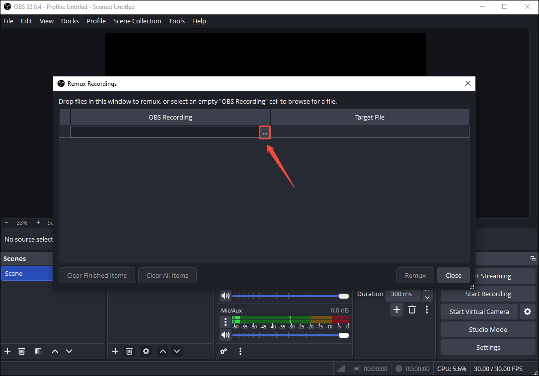 OBS Studio Remux Recordings window with the More icon selected in the OBS recording column.
